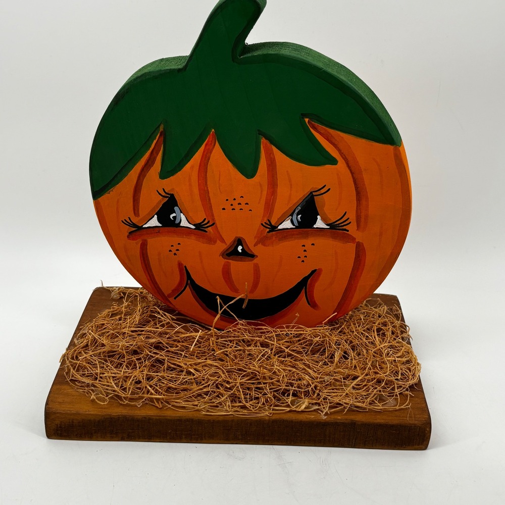 Vintage Hand Painted Wooden Pumpkin Shelf Sitter Halloween Fall Decor 8 Inch